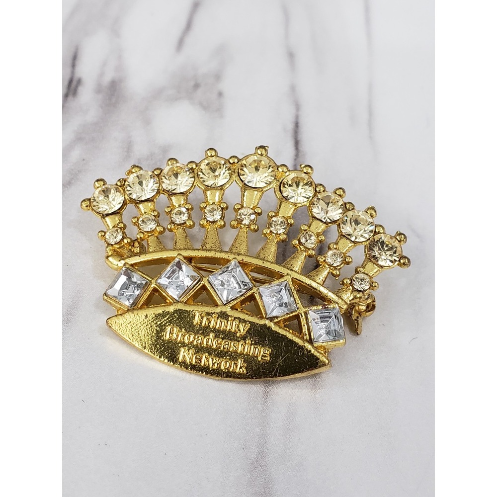 Trinity Broadcasting Network Rhinestone Crown Brooch Pin‎ Gold Tone Christian TV